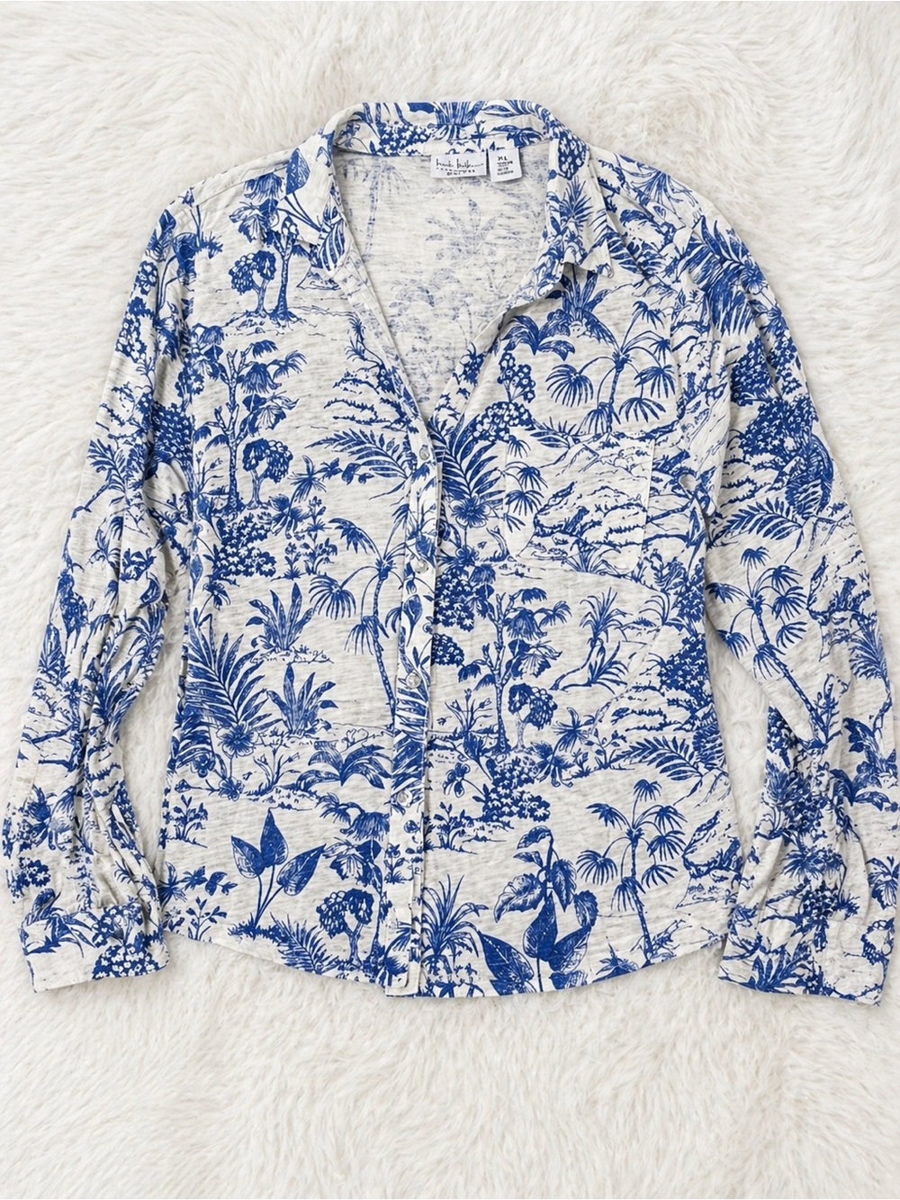 Nicole Miller Linen Blend Button Front Blouse Blue White Toile  Long Sleeve XL